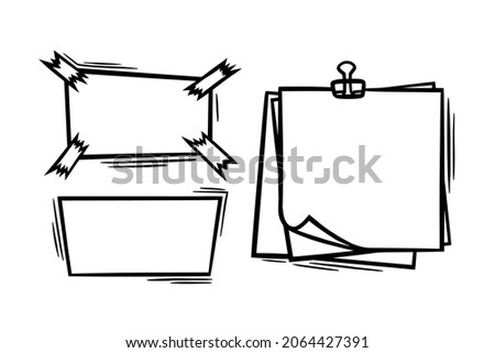 Doodle paper sheets with clip and sticky tape elements. Empty paper pages as border or frame. Doodle vector illustration isolated in white background