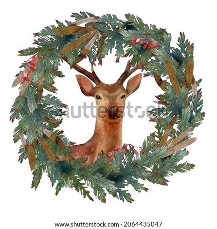 Christmas wreath with a deer painted in watercolor on a white background