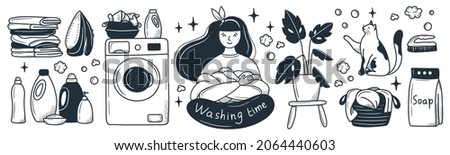 happy girl in the laundry. cartoon doodle style drawn by hand. black and white illustration Royalty-Free Stock Photo #2064440603