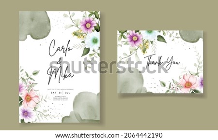 beautiful flower and leaves watercolor wedding invitation card