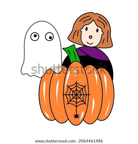 A girl with brown heels wearing a witch's dress. White ghost, pod and spider web with spider. Vector illustration on white background.