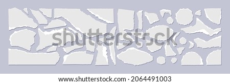 Set of torn gray paper with a white edge isolated on a grey background. Vector illustration of small scraps of torn paper of different sizes and shapes. Crumbled colored pieces of pages. Royalty-Free Stock Photo #2064491003
