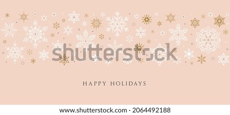 Horizontal Christmas, Holiday border with snowflakes and greetings. Merry xmas snowflake header or banner. Universal modern line art background. Wallpaper or backdrop decor.