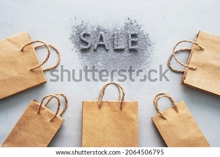 Sale - word, mock up brown paper bags. Online Sale or Clearance Store layout. Promotion, special offer. 