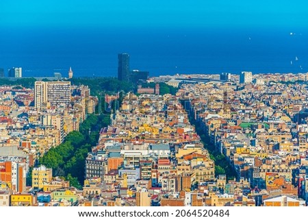 Aerial view of Barcelona with Ciutadella park on background, Spain