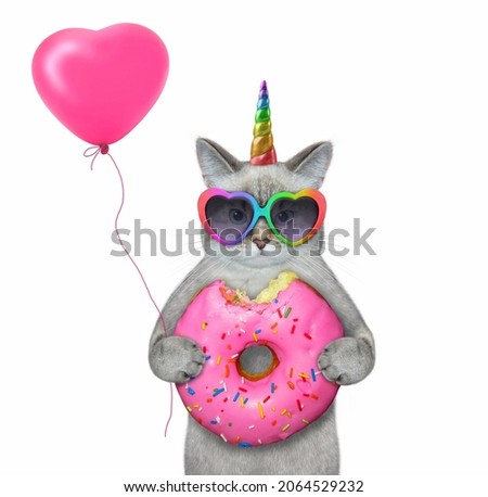 An ash caticorn in heart shaped sunglasses is eating a pink donut. White background. Isolated.