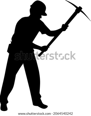 Black Silhouette of a construction man with pickaxe, coal, or gold miner working in underground Royalty-Free Stock Photo #2064540242