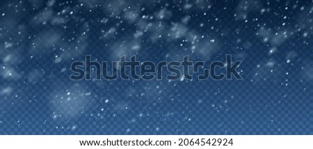 Snow Blizzard realistic overlay background. Snowflakes flying in the sky isolated on transparent background. Background for Christmas design. Christmas Vector illustration EPS10 Royalty-Free Stock Photo #2064542924