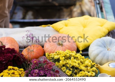Romantic autumn fall photo shoot in a boat with apples and pumpkin