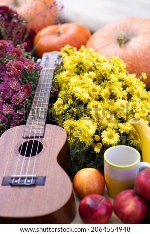 romantic fall autumn date photo shoot  with pumpkin and flowers guitar apples in a boat 