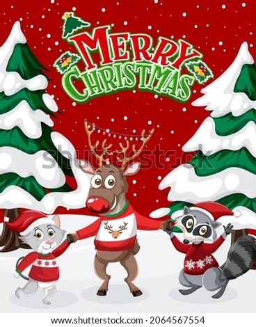 Merry Christmas poster with reindeer and animals illustration