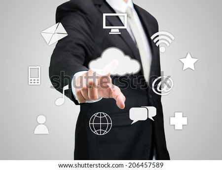 Businessman hand touch cloud computing concept on gray background