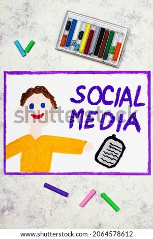 Colorful drawing: Smiling boy is holding a phone and words SOCIAL MEDIA