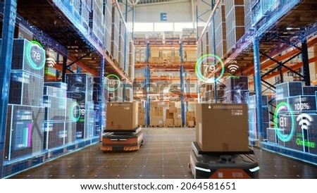 Future Technology 3D Concept: Automated Retail Warehouse AGV Robots with Infographics Delivering Cardboard Boxes in Distribution Logistics Center. Automated Guided Vehicles Goods, Products, Packages Royalty-Free Stock Photo #2064581651