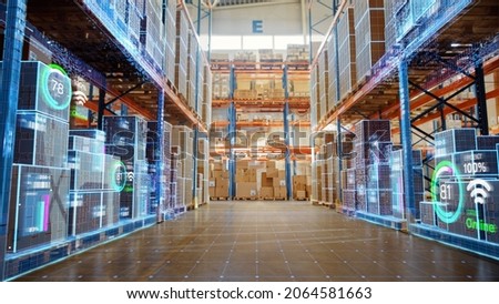 Futuristic Technology Retail Warehouse: Digitalization and Visualization of Industry 4.0 Process that Analyzes Goods, Cardboard Boxes, Products Delivery Infographics in Logistics, Distribution Center Royalty-Free Stock Photo #2064581663