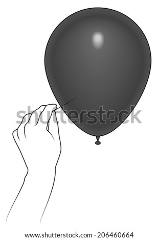 Concept: overcoming depression, sadness or illness. Line drawing of a hand with a pin about to pop a balloon.