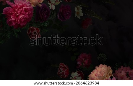 Vintage floral card with garden flowers. Peonies, roses, tulips, rhododendron, leaves, decorative herbs on black background. For business cards, covers, cosmetics packaging, interior decoration, phone