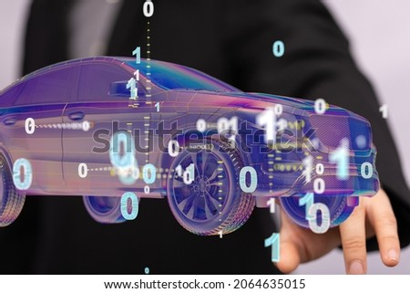 A close up of a man's fingers touching 3D Driverless self driving, autonomous vehicle, autopilot