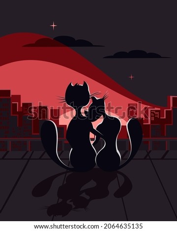  Lovers of a cat and kitty on the roof of the house meet the dawn. Vector illustration.