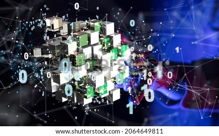 A 3D rendering of an Abstract technology group and social network connection on a blurry background