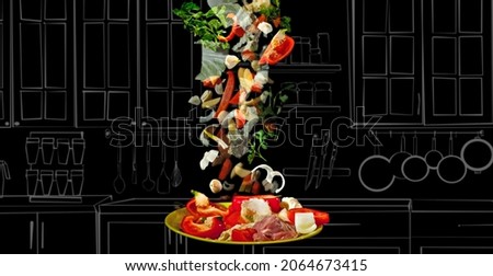 Vegetables fly on the background of a blurred kitchen. The photo is combined with the illustration. Salad on the background of the finished kitchen interior. Vegetables on a dark background.