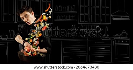 Vegetables on the background of a blurred kitchen. The photo is combined with the illustration. Chef on the background of interior of the kitchen. Man in a black shirt on a dark background.