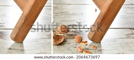 Lifehack; Rub a walnut on damaged wooden furniture to cover up dings. before and after image    