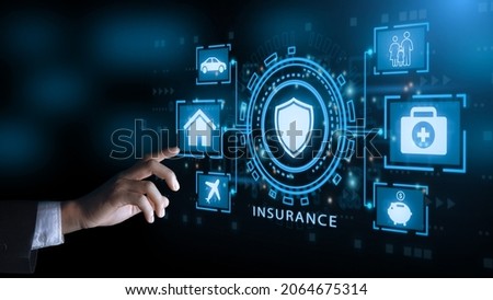 Businessman hand clicks insurance icons to car, travel, family and life, financial and health insurance. Insurance online buy concept. Royalty-Free Stock Photo #2064675314