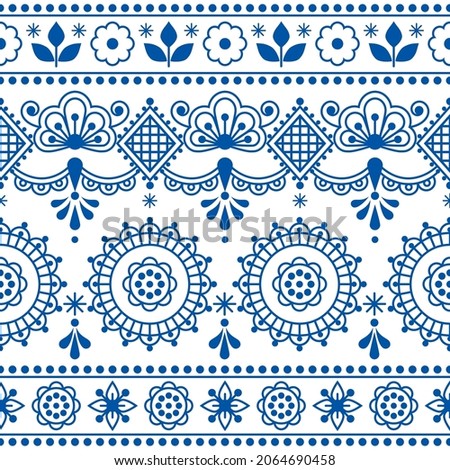 Scandinavian vector seamless pattern - Nordic folk art outline textile or fabric print with flowers. Traditional repetitve ornament with floral motif in navy blue on white
