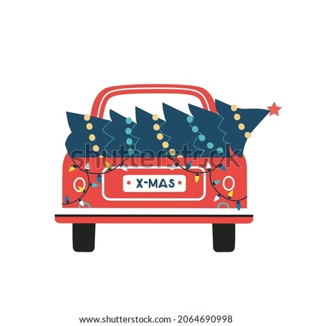 Christmas Tree pickup truck delivery vector icon. Winter holidays background. Cute red truck transport Christmas tree cartoon illustration. Fun banner of trees sale for New Year joy event celebration