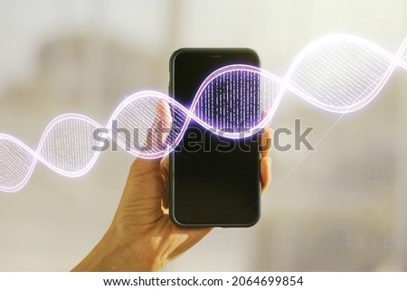 Creative concept with DNA symbol illustration and hand with phone on background. Genome research concept. Multiexposure