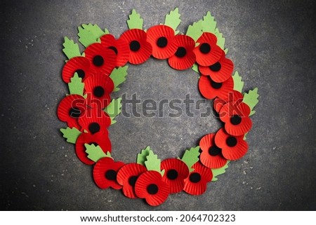 World War remembrance day. Red poppy is symbol of remembrance to those fallen in war. Red poppies wreath.