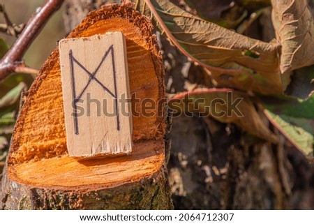 close-up shot of a wooden piece with a Norse rune engraved on it, specifically the mannaz character