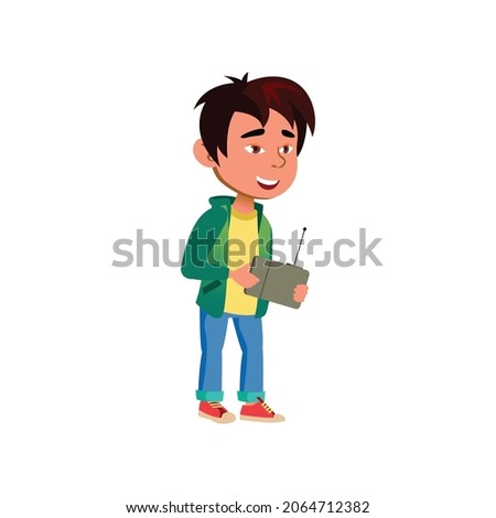 little boy playing with radio controlled car toy on backyard cartoon vector. little boy playing with radio controlled car toy on backyard character. isolated flat cartoon illustration