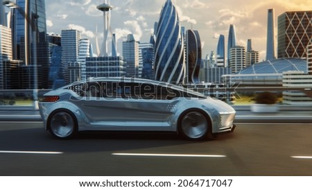 Futuristic Concept: Stylish Japanese Businessman Riding on a Back Seat of an Autonomous Self-Driving Zero-Emissions Electric Car. He is Riding on the Highway in the City of the Future. Royalty-Free Stock Photo #2064717047