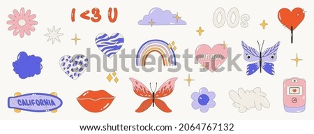 Collection on the theme of the 00s. Set of icons - hearts, butterflies, flame, badges and stickers. Glamorous vector illustration Y2k. Nostalgia for the 2000 years. Vector isolated illustrations. Royalty-Free Stock Photo #2064767132