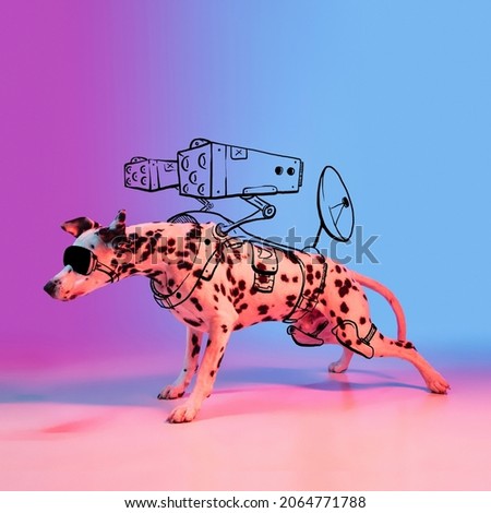 Contemporary artwork. One cute dog, Dalmatian like alien warrior isolated on gradient neon purple studio background with drawings. Concept of modern art, design, line art. Animal in human life.