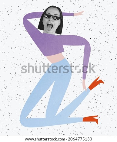 Contemporary art collage of young stylish girl wearing pixel glasses with drawn body dancing over white background. Youth culture. Concept of art, fashion, style, retro. Copy space for ad