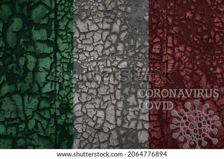 flag of italy on a old vintage metal rusty cracked wall with text coronavirus, covid, and virus picture.