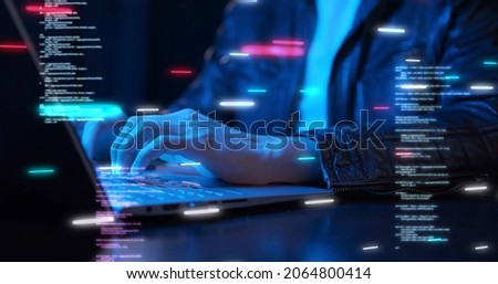 Business man using computer hand close up futuristic cyber space decentralized finance coding background, business data analytics programming online VPN network metaverse digital world technology  Royalty-Free Stock Photo #2064800414