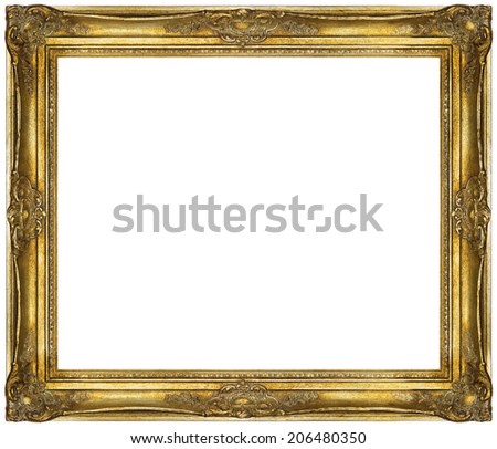 Golden Baroque Frame isolated on white background. Wooden Gilded Frame restored to its original condition. Modern interior concept.