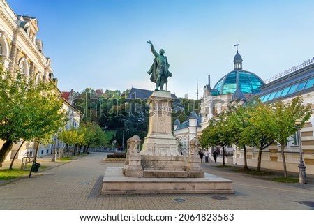 Elisabeth square Erzsébet tér in Miskolc Hungary with Kossuth Lajos statue Royalty-Free Stock Photo #2064823583
