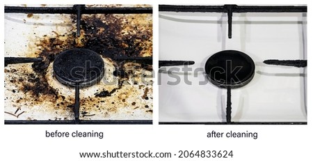 Before and after cleaning. The result of cleaning a very dirty burner of a white kitchen gas stove. An example of the successful operation of cleaning products, cleaning company services. Royalty-Free Stock Photo #2064833624