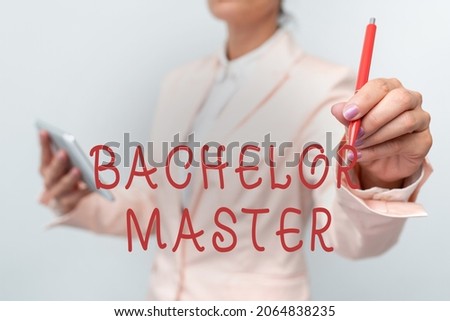 Hand writing sign Bachelor Master. Word Written on An advanced degree completed after bachelor s is degree Presenting New Technology Ideas Discussing Technological Improvement Royalty-Free Stock Photo #2064838235
