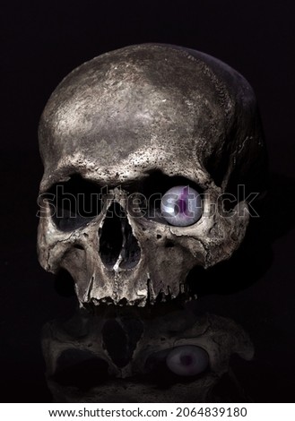 Human Skull With Glass Eye In Dark Background