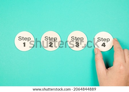 Step by step process on green background, man arrange the round wood plate from step 1 to step 4 Royalty-Free Stock Photo #2064844889