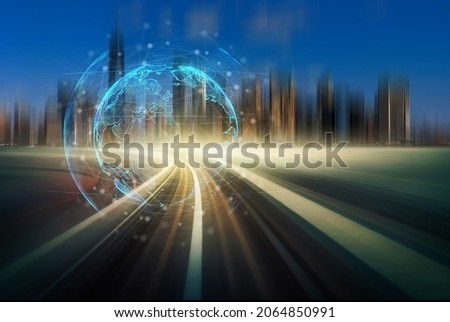 Particle earth with technology network circle over Elevated Train Tracks are running above the Railroad tracks heading to New York cityscape, Technology and innovation concept, 
