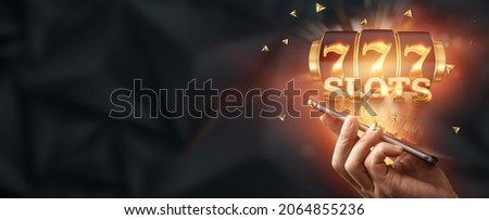 Online casino, smartphone with slot machine with jackpot and gold coins. Online Slots, Lucky Seven 777, Dark Gold Style. Luck concept, gambling, jackpot, banner Royalty-Free Stock Photo #2064855236