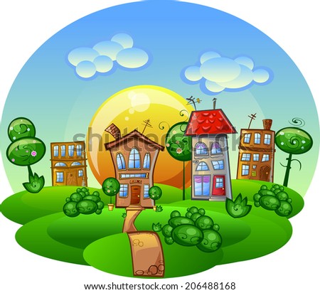 bright cartoon street with houses, trees and clouds vector