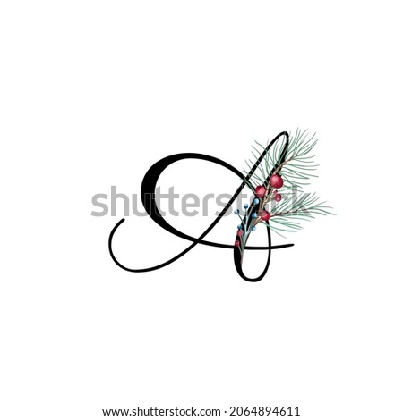 Letter A vector holiday illustration with tree branches and cones. Floral alphabet merry christmas. Monogram initials are perfect for greeting card, logo, poster. Isolated on white background 